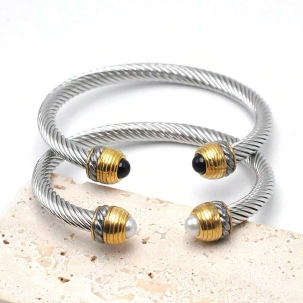 Cable Cuff Bracelet – Silver with Black Gem or Pearl Ends